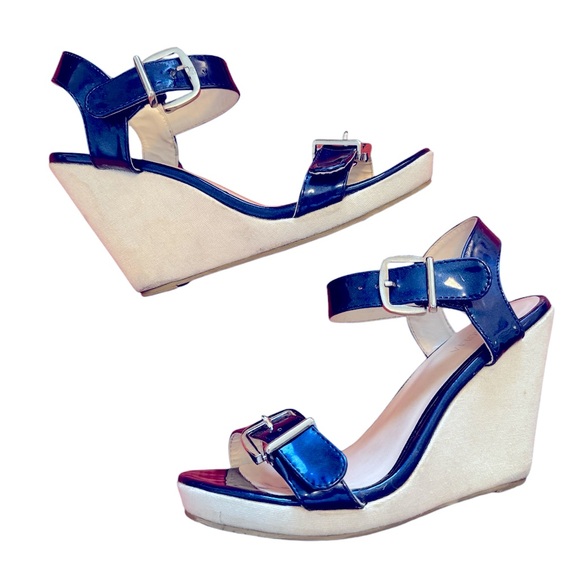Intaglia Cobalt Blue Ankle Strap Canvas Wedges - Picture 1 of 7